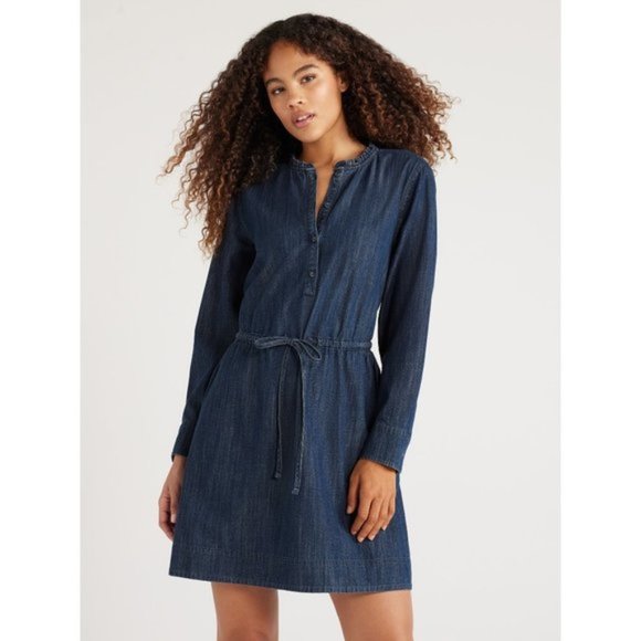 Free Assembly Women’s Denim Ruffle Neck Mini Dress - Picture 1 of 5